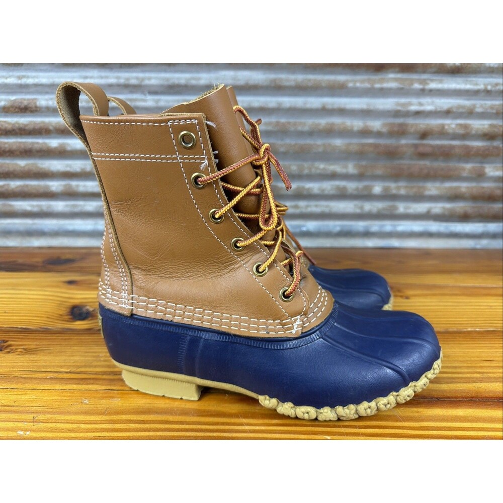 LL Bean Womens Duck Boots 8” Tan Leather Navy Blue Maine USA Sz 6 M